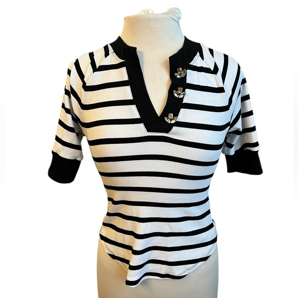 Anthropologie Maeve Striped Half-Sleeve Henley Tee - Small